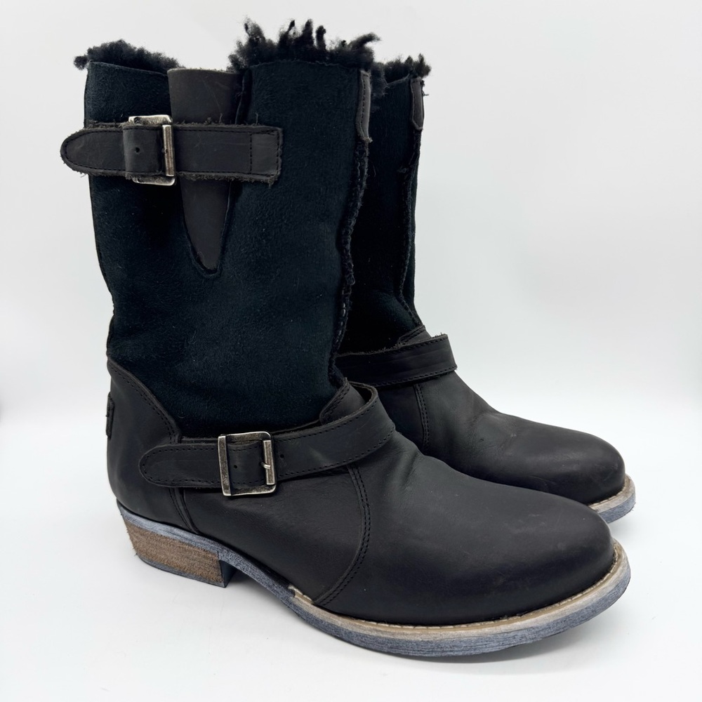 Luxe de Leon Conquista Boots Leather Shearling Lined Stacked Heel Black Size 9.5